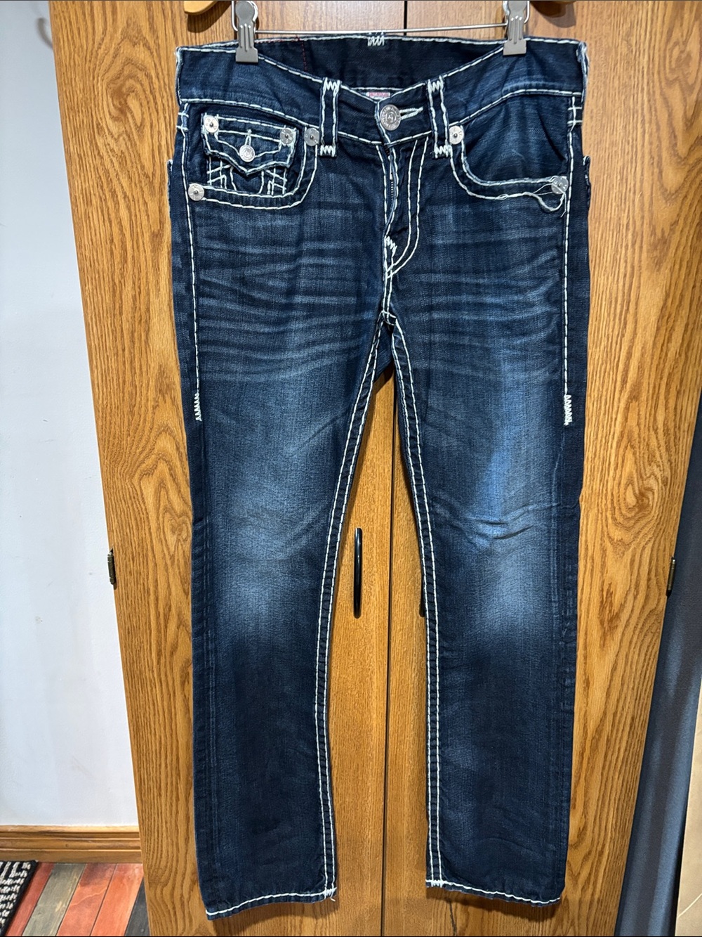 Dark Blue Men’s Straight Fit Jeans with Contrast Stitching